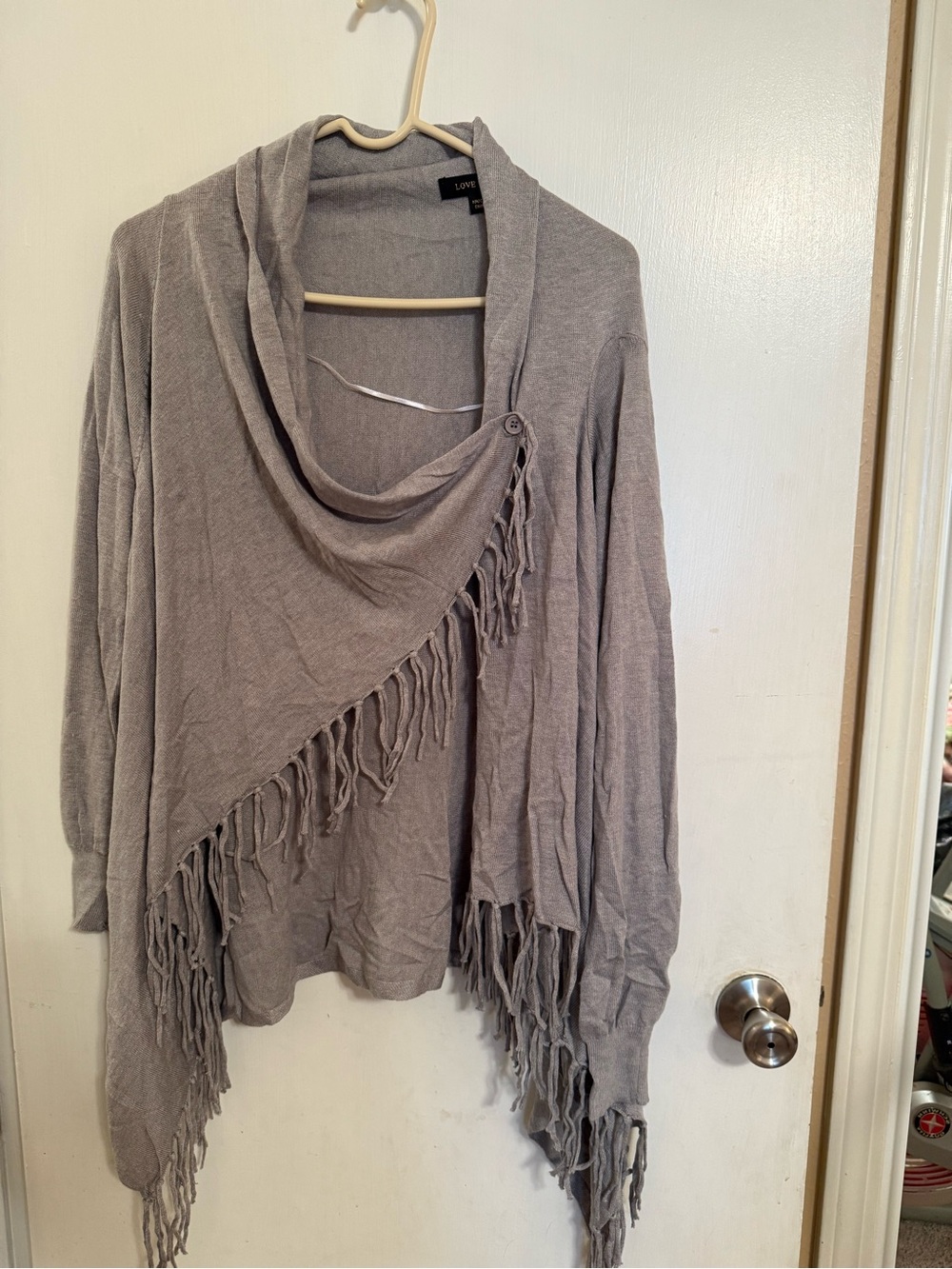 LOVE Tree Taupe Fringe Draped Women’s Sweater Shrug style. Like new!
